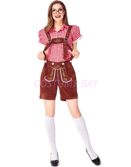 Picture of Ladies Oktoberfest Bavarian Beer Maid Costume Set - Red Shirt + Brown Short