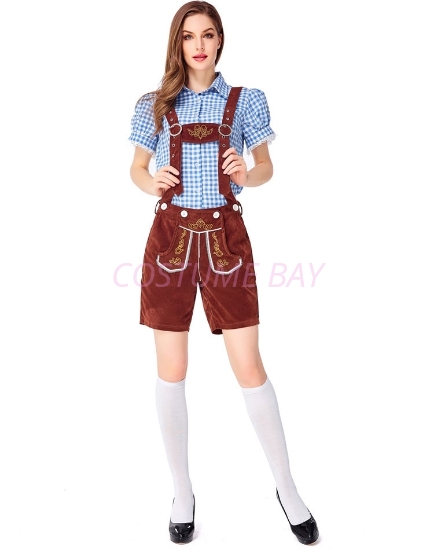 Picture of Ladies Oktoberfest Bavarian Beer Maid Costume Set - Blue Shirt + Brown Short