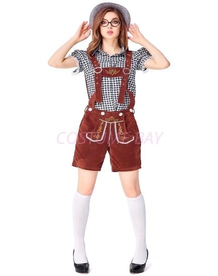 Picture of Ladies Oktoberfest Bavarian Beer Maid Costume Set - Black Shirt + Brown Short