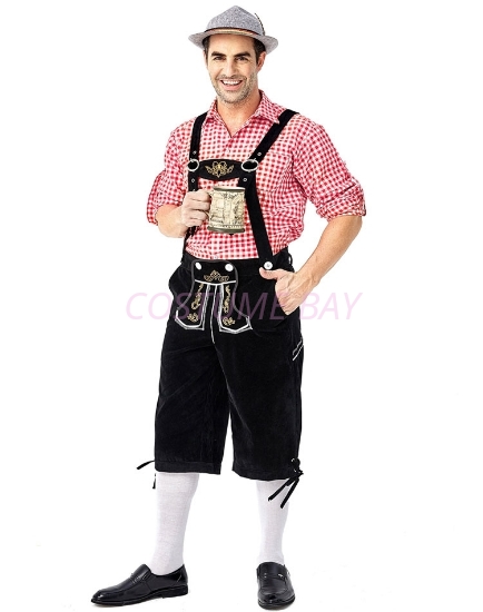 Picture of Bavarian Guy Mens Lederhosen Red Shirt + Black Shorts