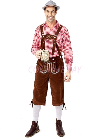 Picture of Bavarian Guy Mens Lederhosen Red Shirt + Brown Shorts