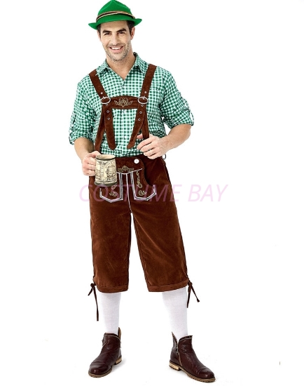 Picture of Bavarian Guy Mens Lederhosen Green Shirt + Brown Shorts