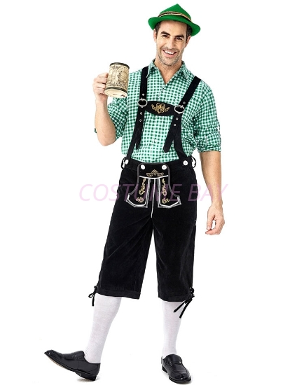 Picture of Bavarian Guy Mens Lederhosen Green Shirt + Black Shorts