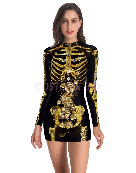 Picture of Womens Halloween Zombie Skeleton Print Dress Costume
