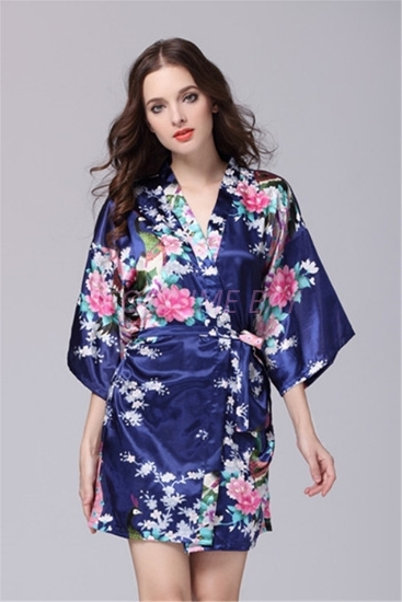 Picture of Women Floral Satin Kimono Robes - Navy