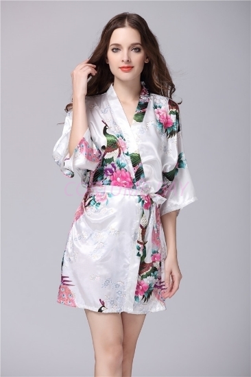 Picture of Women Floral Satin Kimono Robes - White