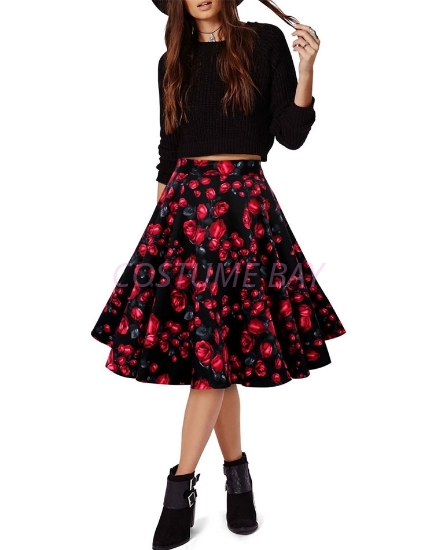 Picture of 50s 60s Vintage Rockabilly Swing Skirt - Black with Rose