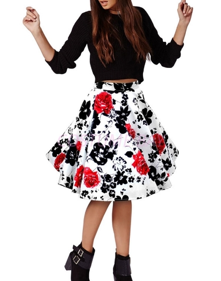 Picture of 50s 60s Vintage Rockabilly Swing Skirt - With Red Flower