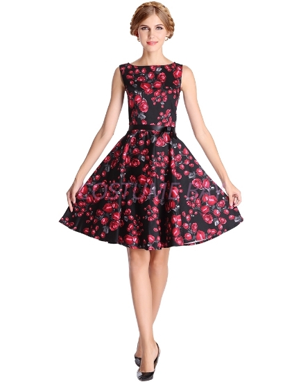 Picture of Rockabilly 50s 60s Vintage Evening Retro Pinup Swing Cocktail Dress-Black with red flow