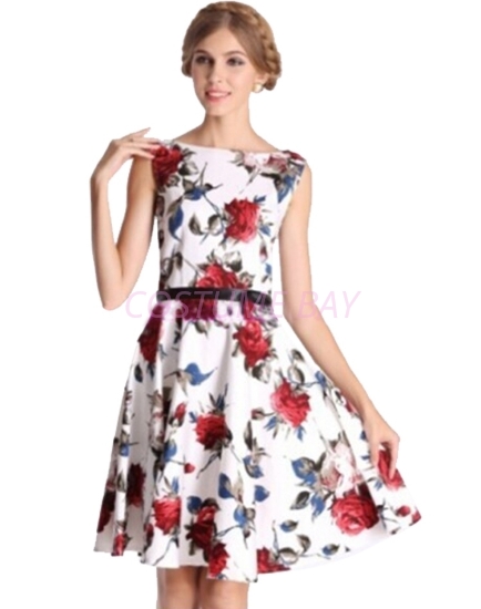Picture of Rockabilly 50s 60s Vintage Evening Retro Pinup Swing Cocktail Dress-White with red flower