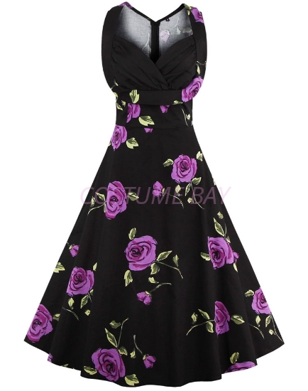 Picture of Women 50s Rockabilly Vintage Evening Retro Pinup Swing Housewife Polka Dot Dress-Purple Flower