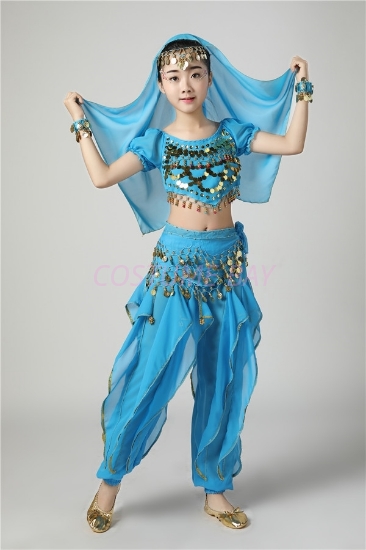 Picture of Girl's 5pcs Belly Dance Outfits Paillette Ruffles Short Sleeves -Light Blue