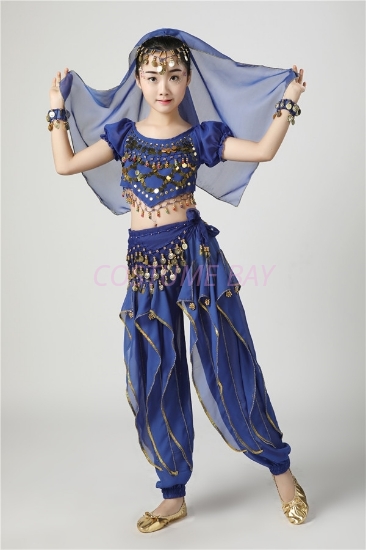 Picture of Girl's 5pcs Belly Dance Outfits Paillette Ruffles Short Sleeves -Dark Blue