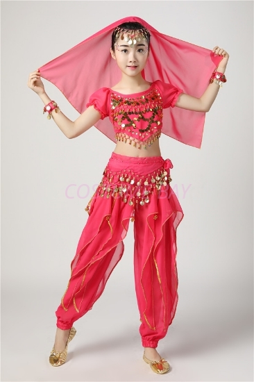 Picture of Girl's 5pcs Belly Dance Outfits Paillette Ruffles Short Sleeves -Rose