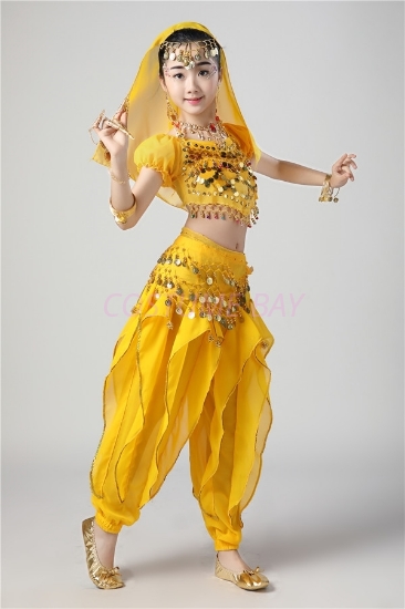 Picture of Girl's 5pcs Belly Dance Outfits Paillette Ruffles Short Sleeves -Yellow