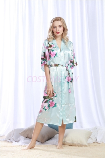 Picture of Women Long Floral Satin Kimono Robes - Blue