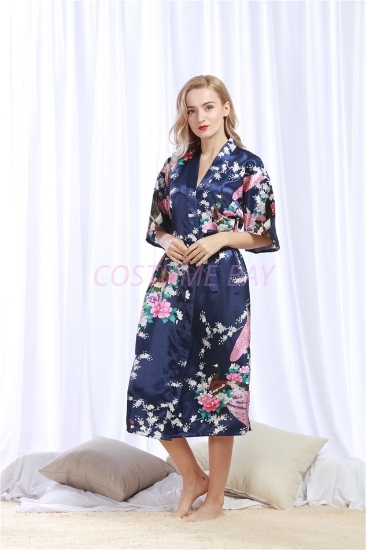 Picture of Women Long Floral Satin Kimono Robes - Navy