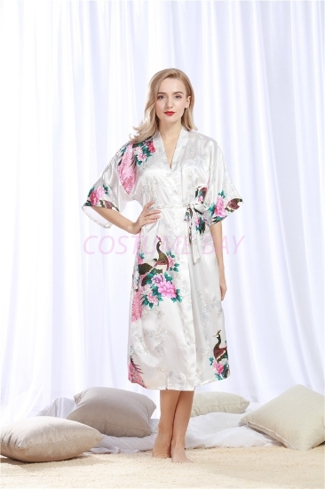 Picture of Women Long Floral Satin Kimono Robes - White