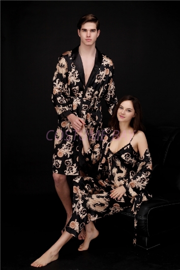 Picture of Womens Mens Satin Dressing Gown Robe Sleepwear for Couple - Black