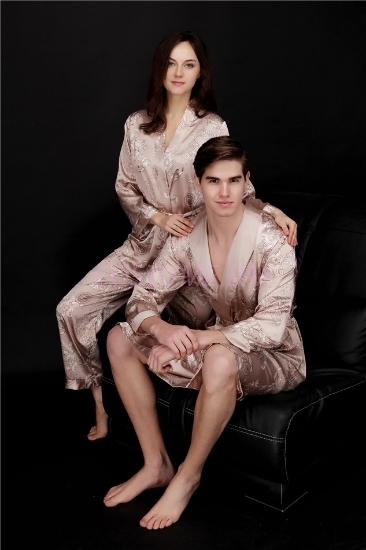 Picture of Womens Mens Satin Dressing Gown Robe Sleepwear for Couple - Camel