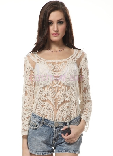 Picture of Womens Sheer Lace Floral Top-White