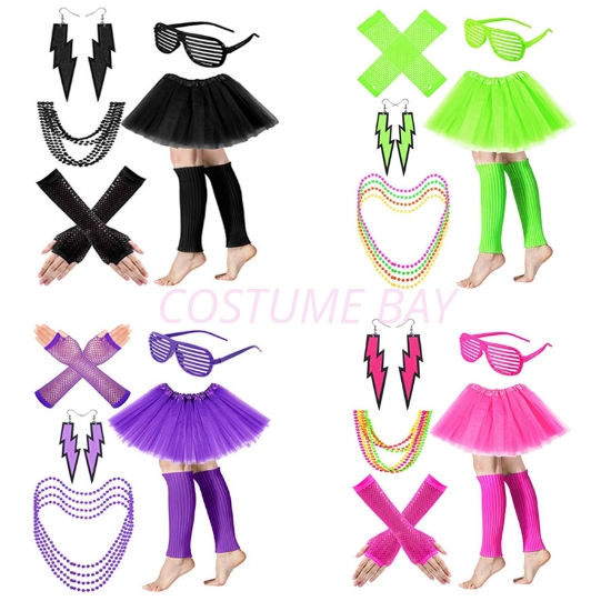 Picture of Womens Neon 80s Tutu Skirt Fancy Dress 6pcs Accessories Set 