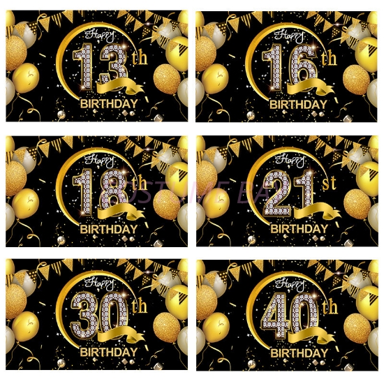 Picture of Birthday Celebration Decorative Black Gold Backdrop Banner 110*180CM