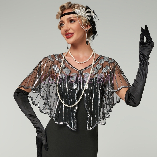 Picture of 1920s Womens Vintage Boutique Beaded Sequin Flapper Cape - Black/Silver