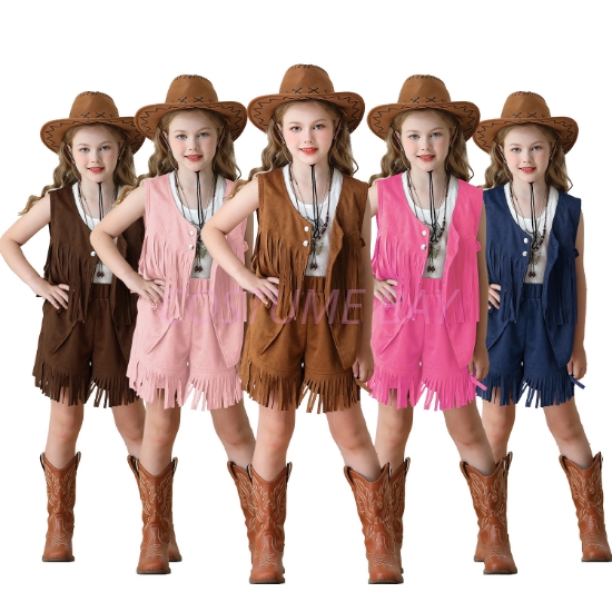 Picture of Girls Cowgirl Fringe Vest & Shorts Costume Set Halloween Book Week