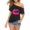 Picture of Womens 1980s Lip Print Retro Graphic Off Shoulder T-Shirt