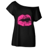 Picture of Womens 1980s Lip Print Retro Graphic Off Shoulder T-Shirt